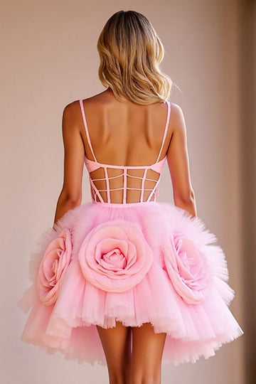 Corset Pink Cut Out Short Prom Dress with 3D Flowers